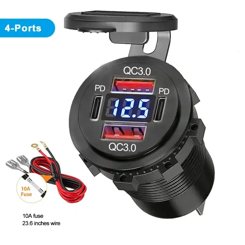 Chargeur USB étanche 96W avec voltmètre pour voiture et moto, compatible 12V/24V, PD et QC 3.0 10
