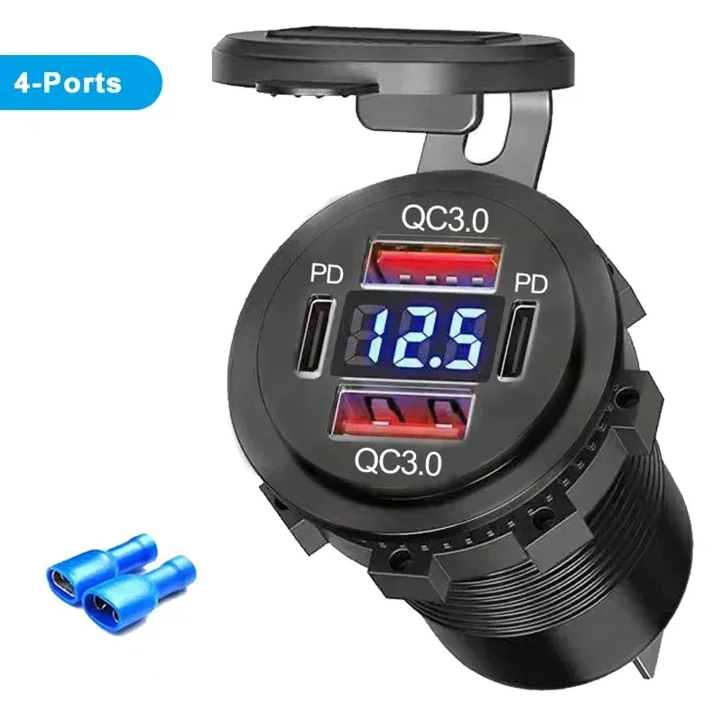 Chargeur USB étanche 96W avec voltmètre pour voiture et moto, compatible 12V/24V, PD et QC 3.0 8