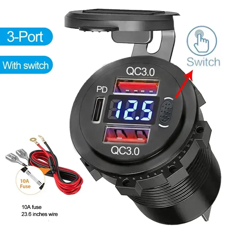 Chargeur USB étanche 96W avec voltmètre pour voiture et moto, compatible 12V/24V, PD et QC 3.0 9