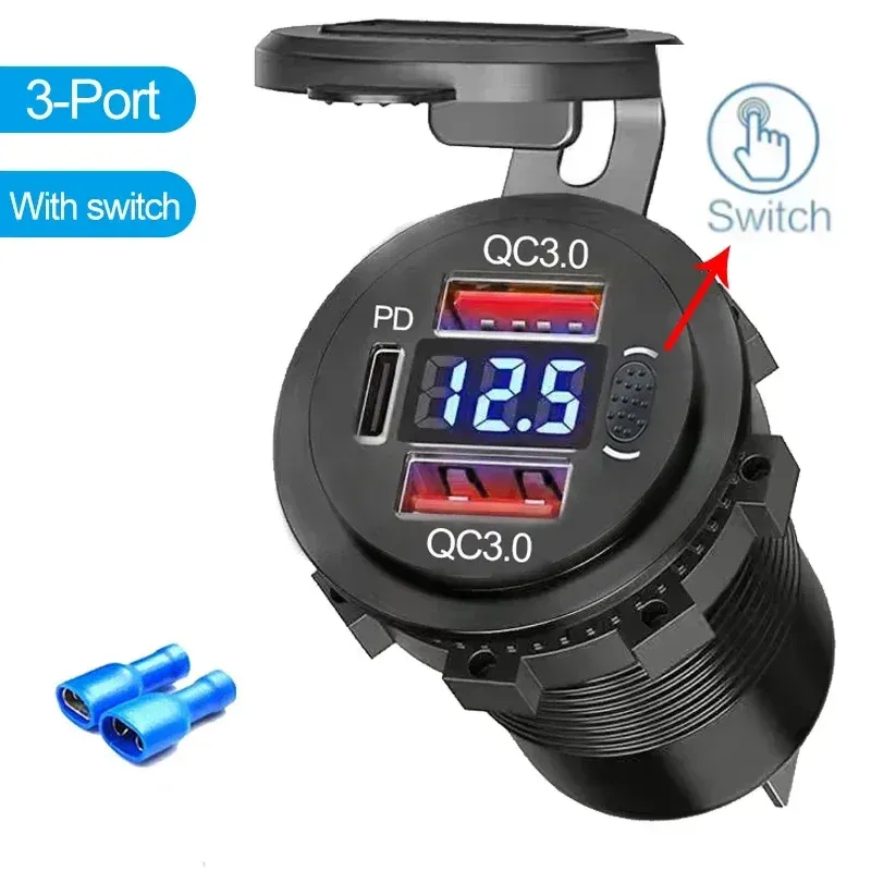 Chargeur USB étanche 96W avec voltmètre pour voiture et moto, compatible 12V/24V, PD et QC 3.0 7