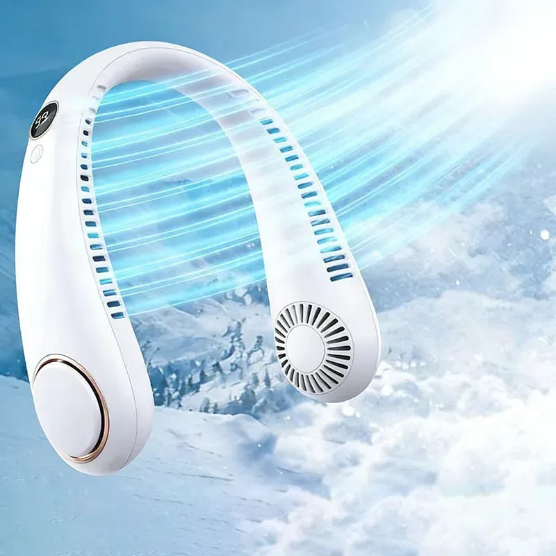 Mini ventilateur de cou portable sans pales, rechargeable par USB, 5 vitesses, idéal pour l'été et les activités de plein air - Image 1