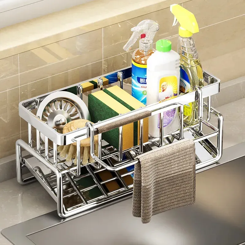 Organisateur d'évier multifonctionnel en acier inoxydable | Porte-éponge, porte-savon et porte-serviettes intégré pour la cuisine et la salle de bain - Image 1