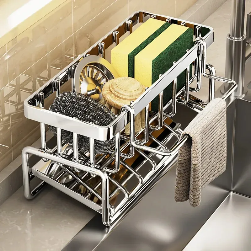 Organisateur d'évier multifonctionnel en acier inoxydable | Porte-éponge, porte-savon et porte-serviettes intégré pour la cuisine et la salle de bain 4