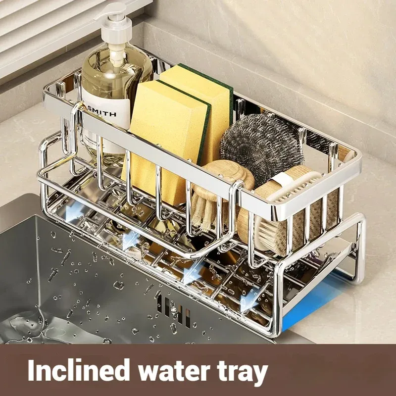 Organisateur d'évier multifonctionnel en acier inoxydable | Porte-éponge, porte-savon et porte-serviettes intégré pour la cuisine et la salle de bain 5