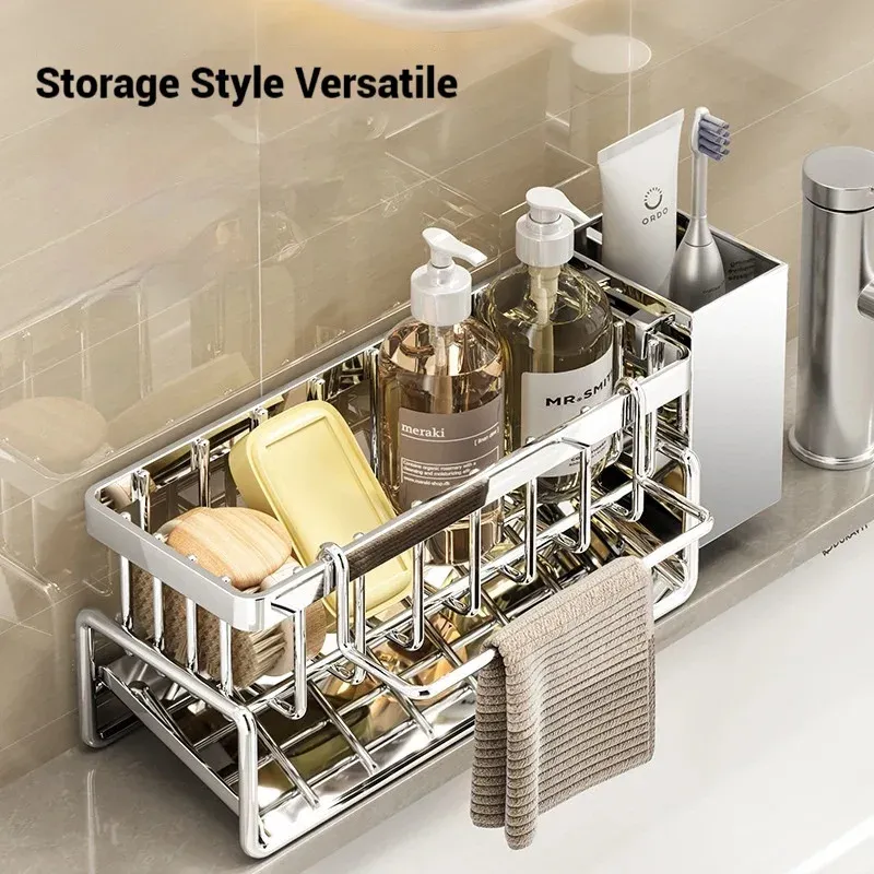 Organisateur d'évier multifonctionnel en acier inoxydable | Porte-éponge, porte-savon et porte-serviettes intégré pour la cuisine et la salle de bain 6