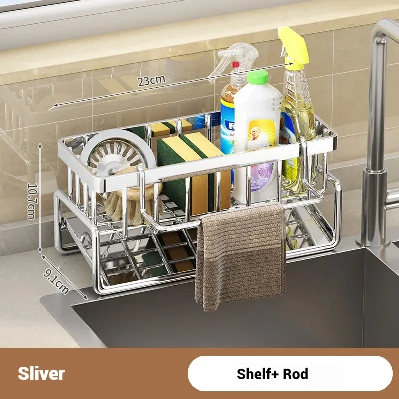 Organisateur d'évier multifonctionnel en acier inoxydable | Porte-éponge, porte-savon et porte-serviettes intégré pour la cuisine et la salle de bain 9