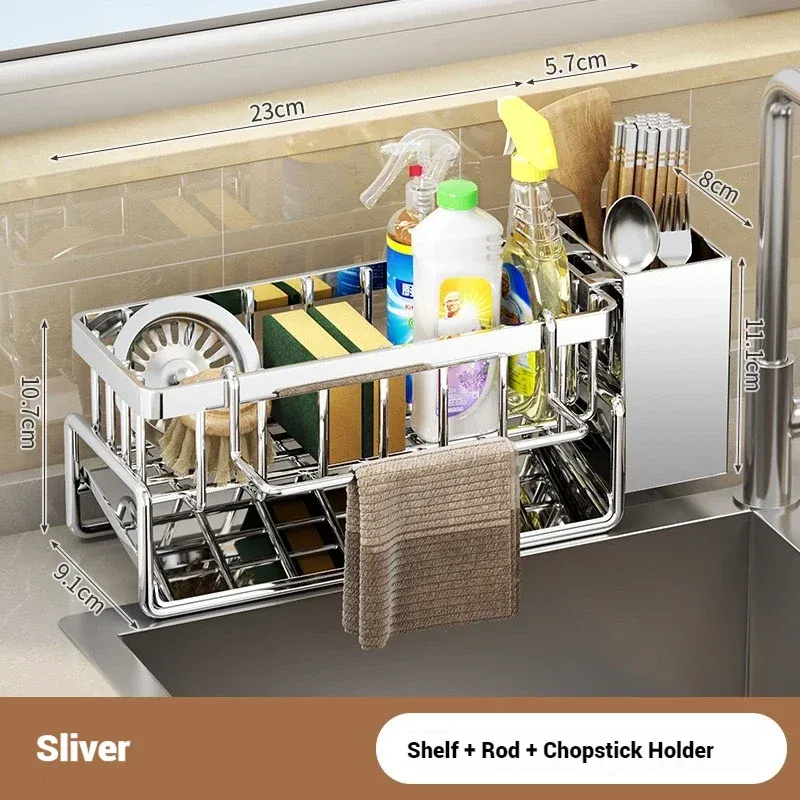 Organisateur d'évier multifonctionnel en acier inoxydable | Porte-éponge, porte-savon et porte-serviettes intégré pour la cuisine et la salle de bain 7