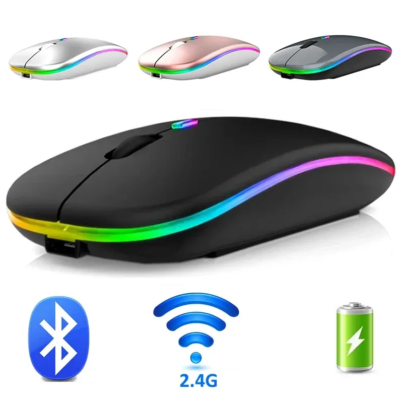 Souris sans fil Bluetooth 2,4 GHz, double mode, rechargeable, RVB, ergonomique, silencieuse, pour PC, ordinateur, iPad, ordinateur portable, 3600 DPI