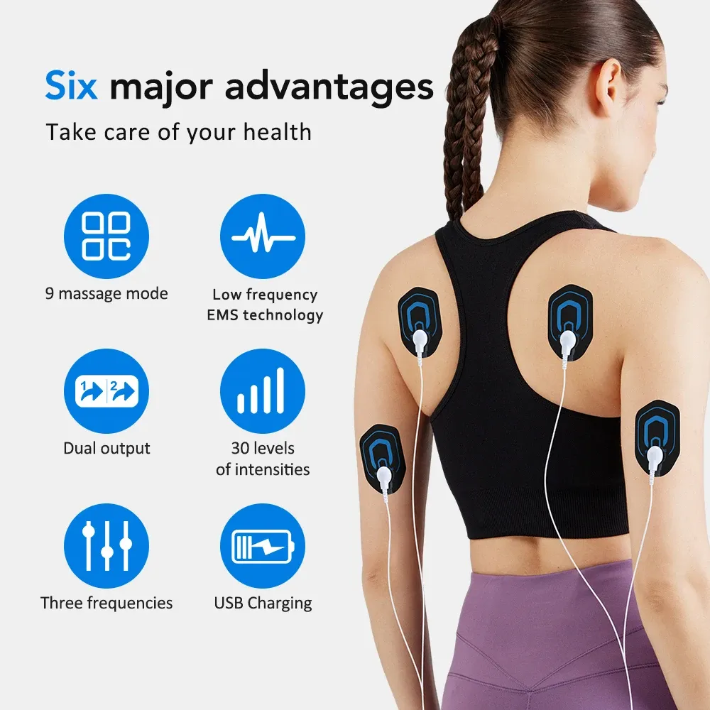 Stimulateur musculaire EMS/TENS rechargeable, masseur corporel à 9 modes et 30 niveaux d'intensité, double sortie