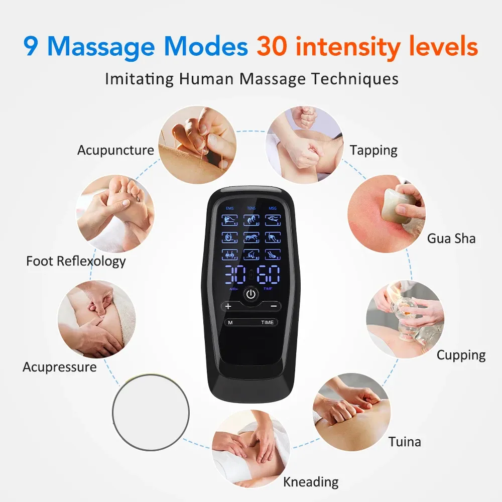 Stimulateur musculaire EMS/TENS rechargeable, masseur corporel à 9 modes et 30 niveaux d'intensité, double sortie 4