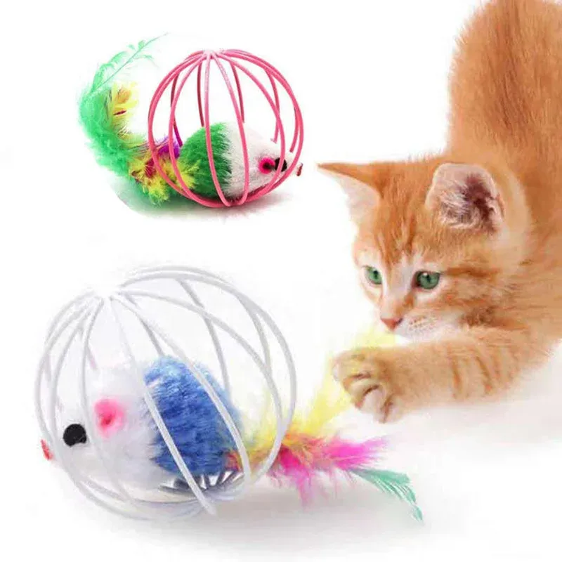 Jouet interactif souris colorée pour chat avec cage