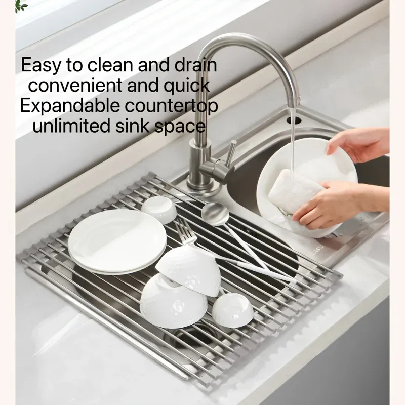 Égouttoir à vaisselle pliable en acier inoxydable pour évier de cuisine, multi-tailles 2