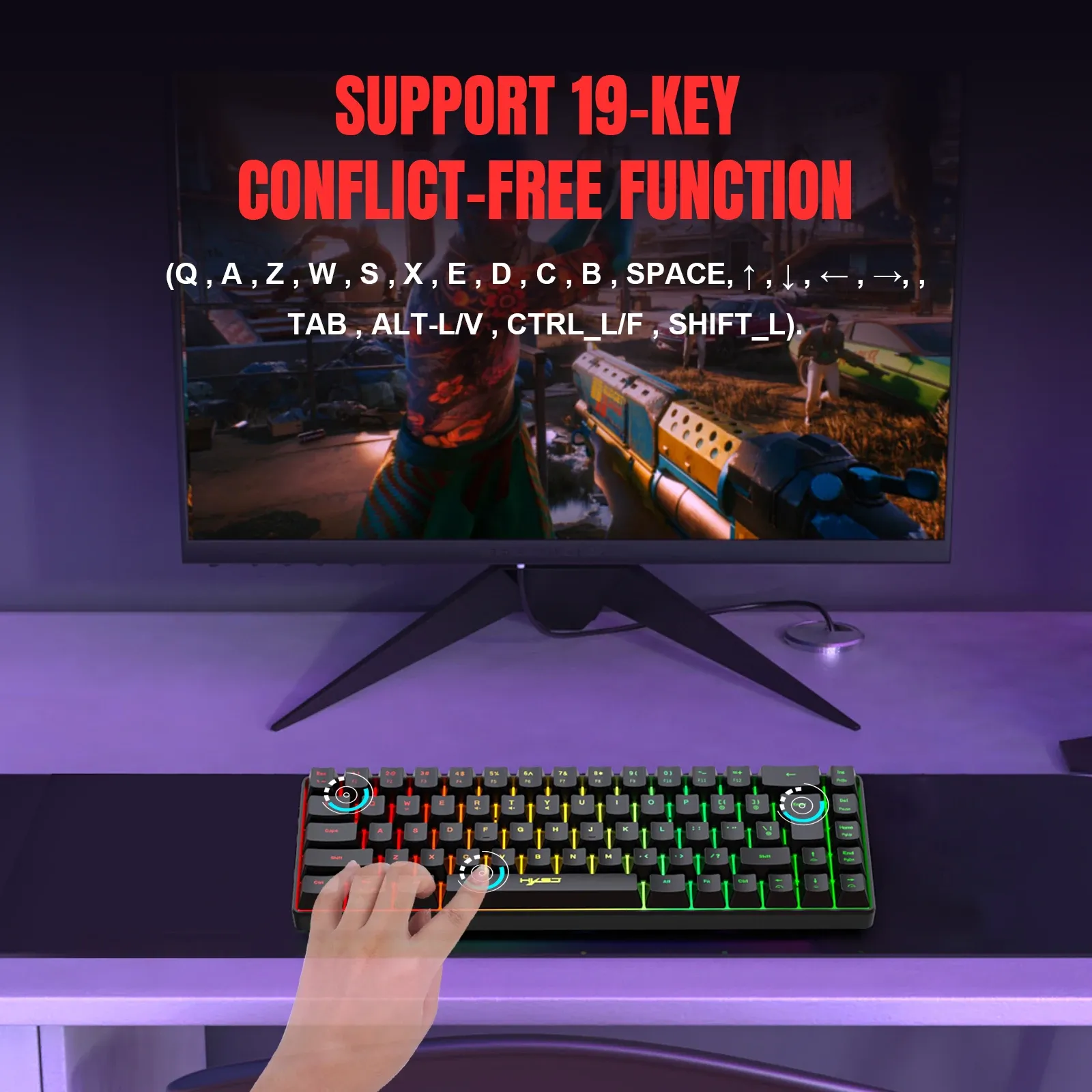 Clavier de jeu filaire USB compact, rétroéclairage RVB, 68 touches, pour ordinateur Windows 4