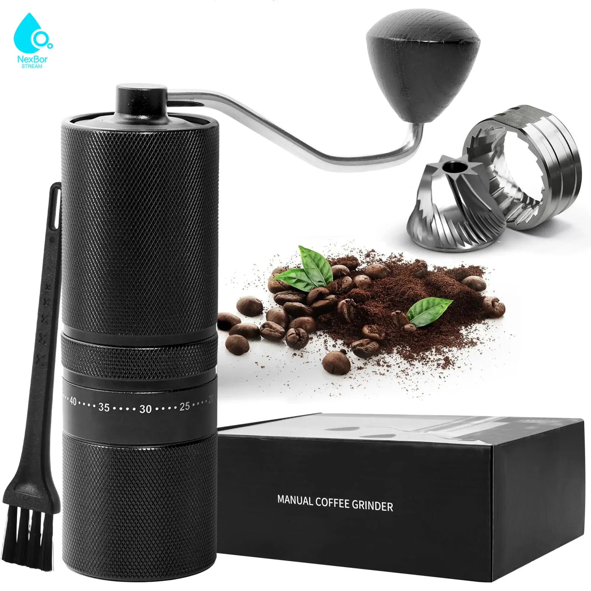 Moulin à café manuel portable, 60 réglages de mouture, meules en acier inoxydable SUS420 à 7 axes, poignée à manivelle 8