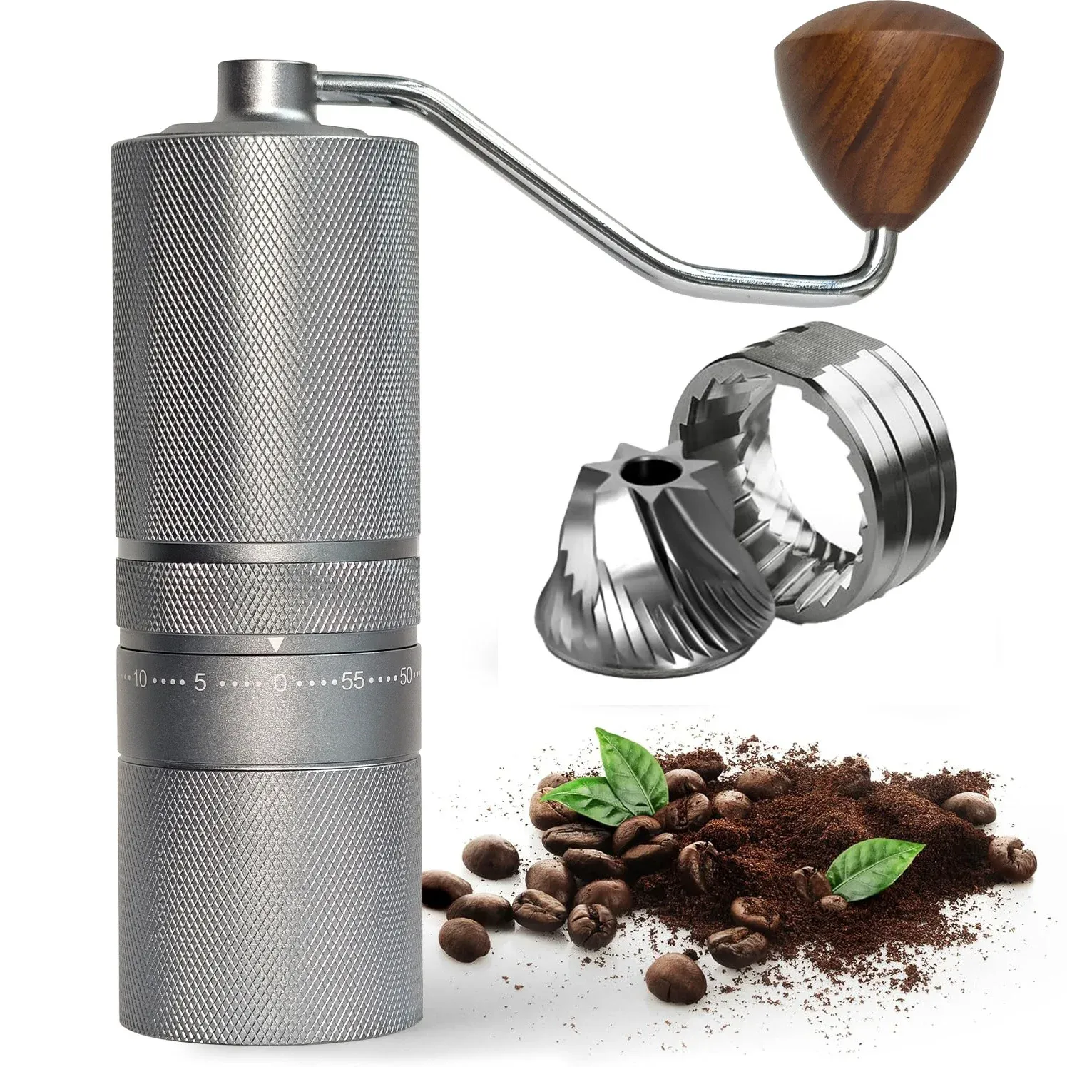 Moulin à café manuel portable, 60 réglages de mouture, meules en acier inoxydable SUS420 à 7 axes, poignée à manivelle 7