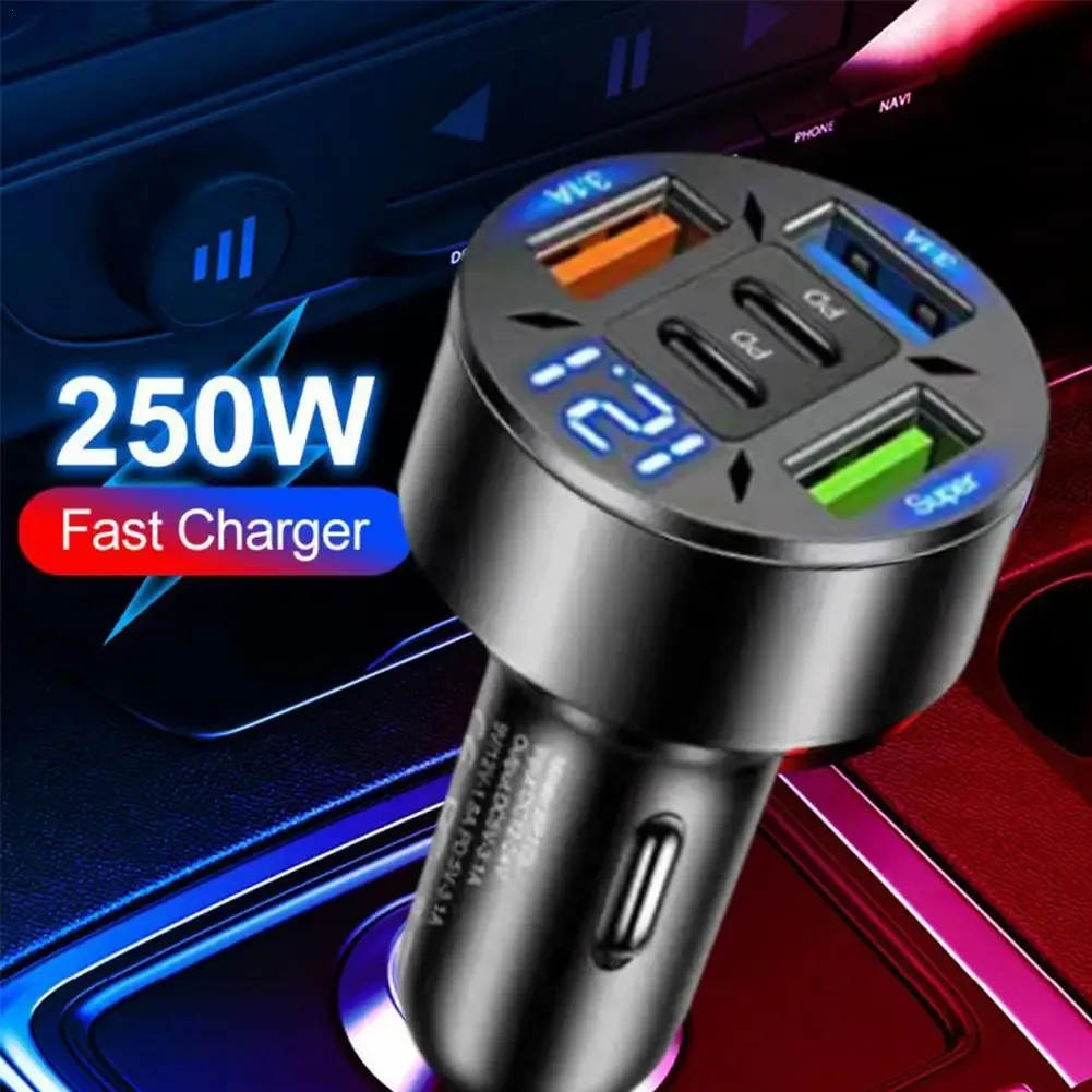 Chargeur de voiture 250 W à 5 ports, charge rapide PD et QC 3.0, USB-C, compatible iPhone