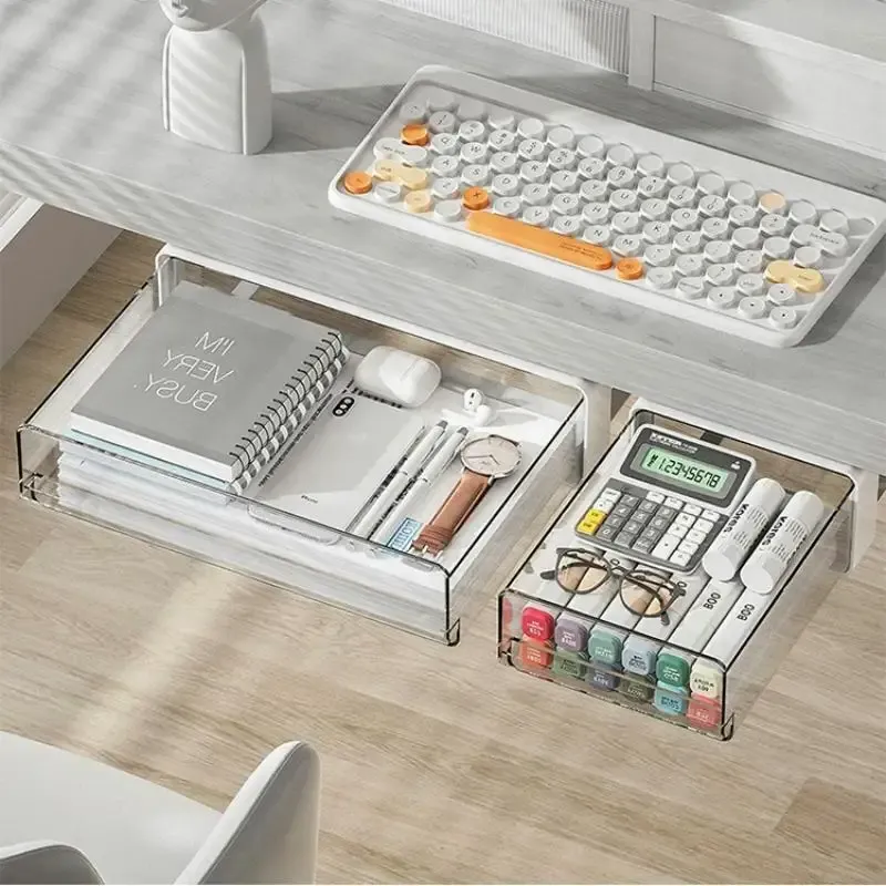 Tiroir de rangement sous table auto-adhésif, boîte de rangement cachée pour bureau, cosmétiques et papeterie