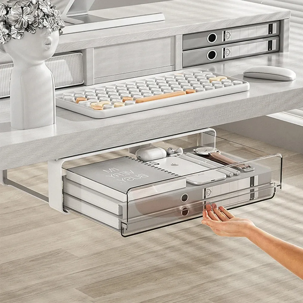 Tiroir de rangement sous table auto-adhésif, boîte de rangement cachée pour bureau, cosmétiques et papeterie 2