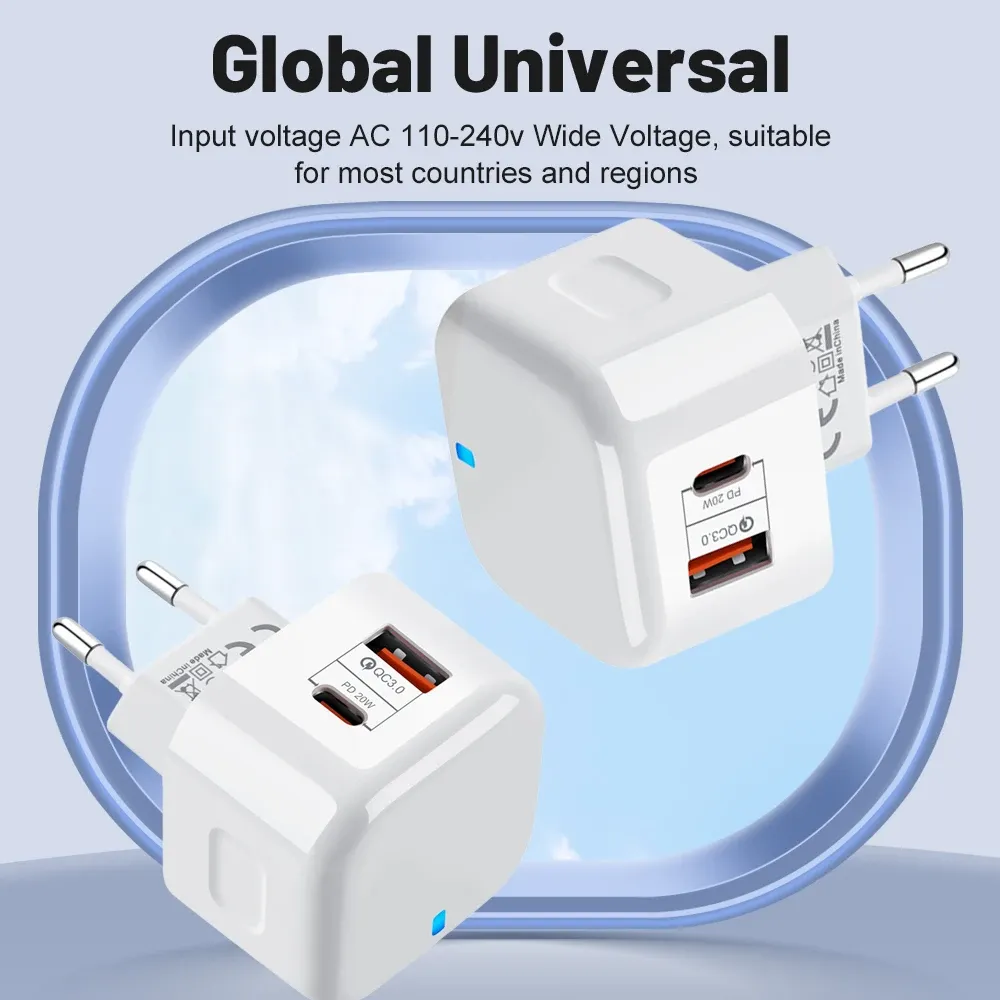 Chargeur mural USB-C PD à double port 20 W, adaptateur secteur à charge rapide 2
