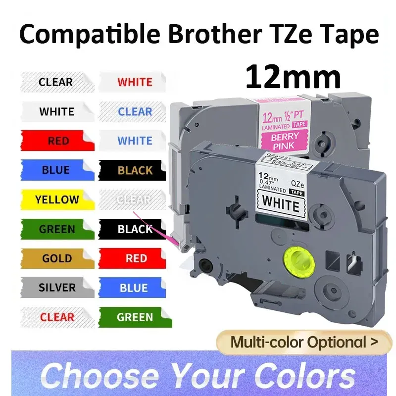 Ruban laminé TZe 12 mm compatible Brother TZe-231, TZe-335, TZe-631, TZe-131, MQP35 pour étiqueteuse P-touch PT-H110, D600, 710BT - Image 1