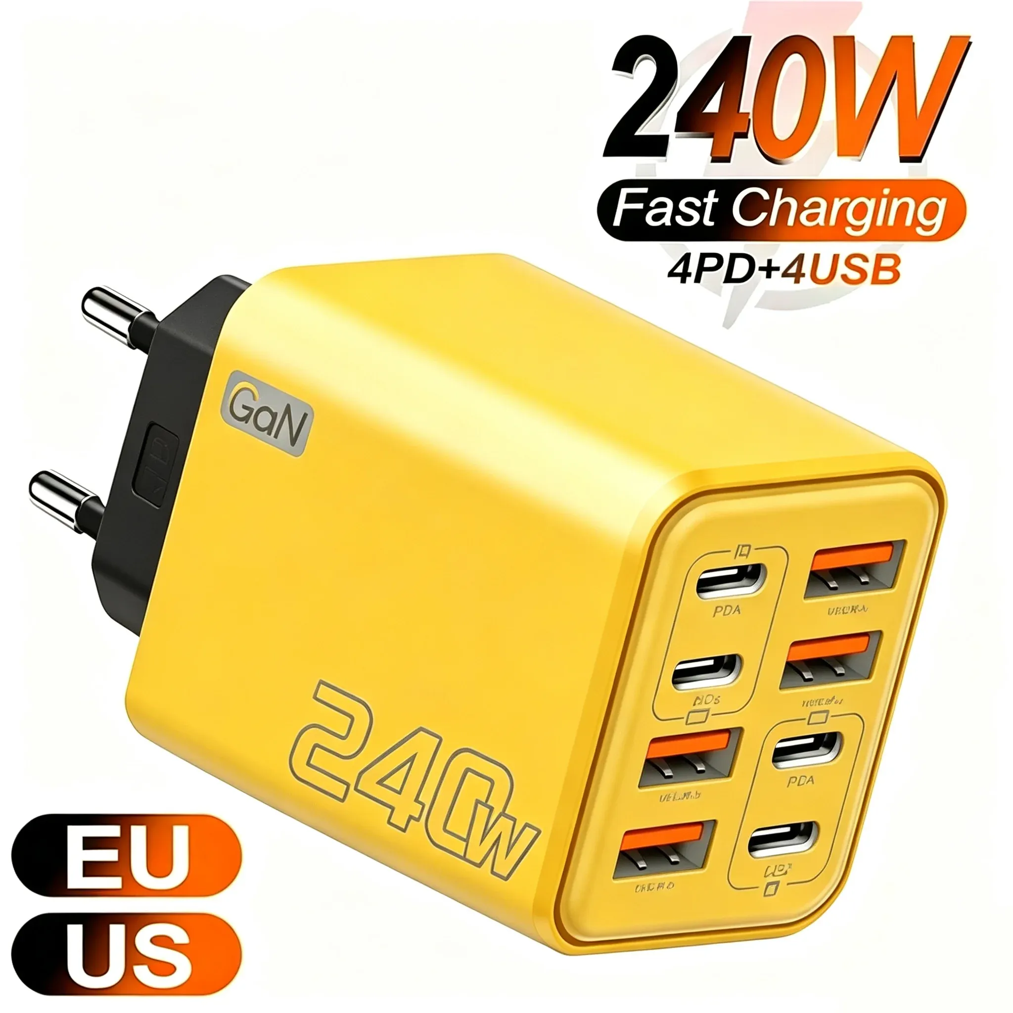 Chargeur USB-C GaN 240 W 8 en 1, charge rapide, adaptateur secteur compatible iPhone, Samsung et Xiaomi, prises EU/US - Image 1