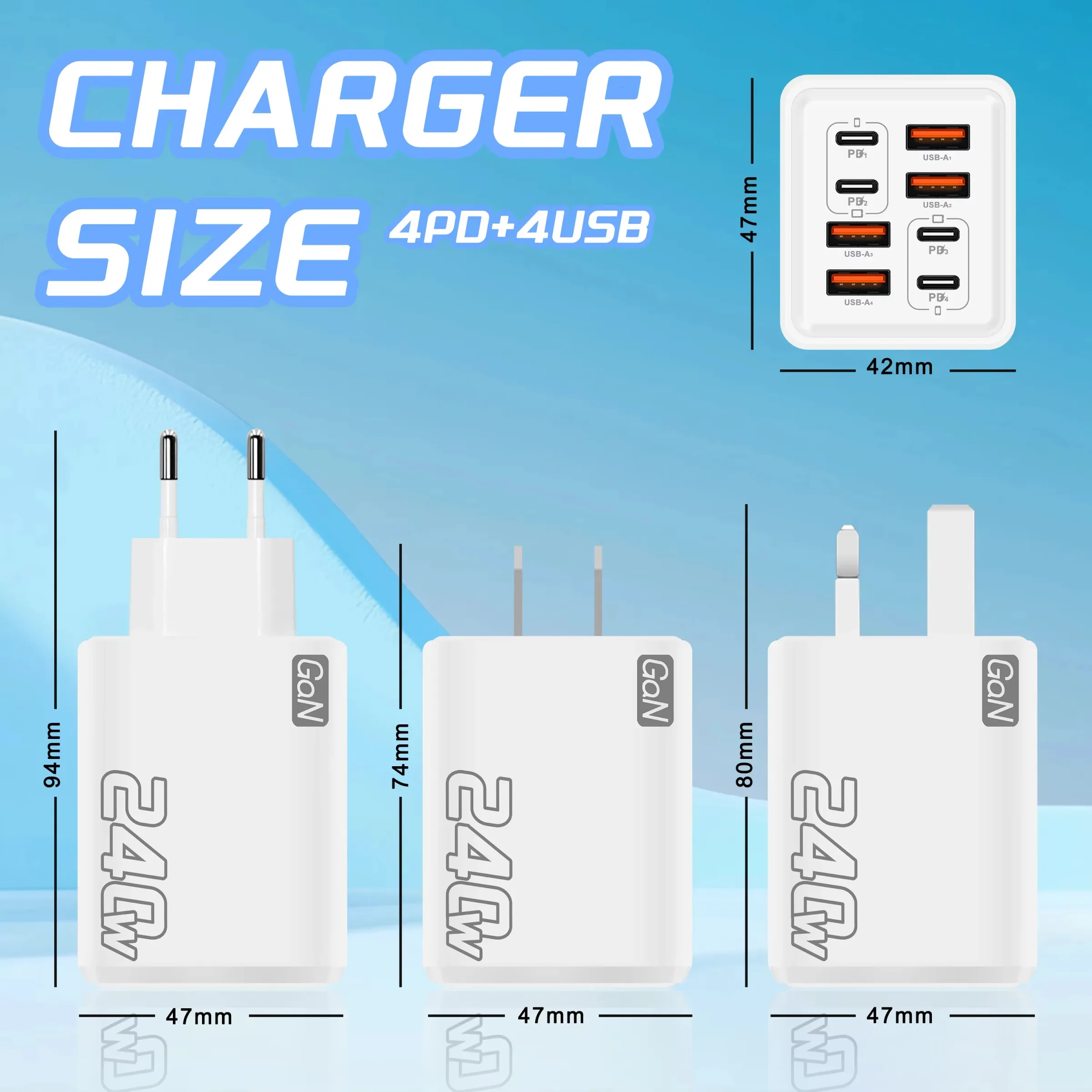 Chargeur USB-C GaN 240 W 8 en 1, charge rapide, adaptateur secteur compatible iPhone, Samsung et Xiaomi, prises EU/US 6