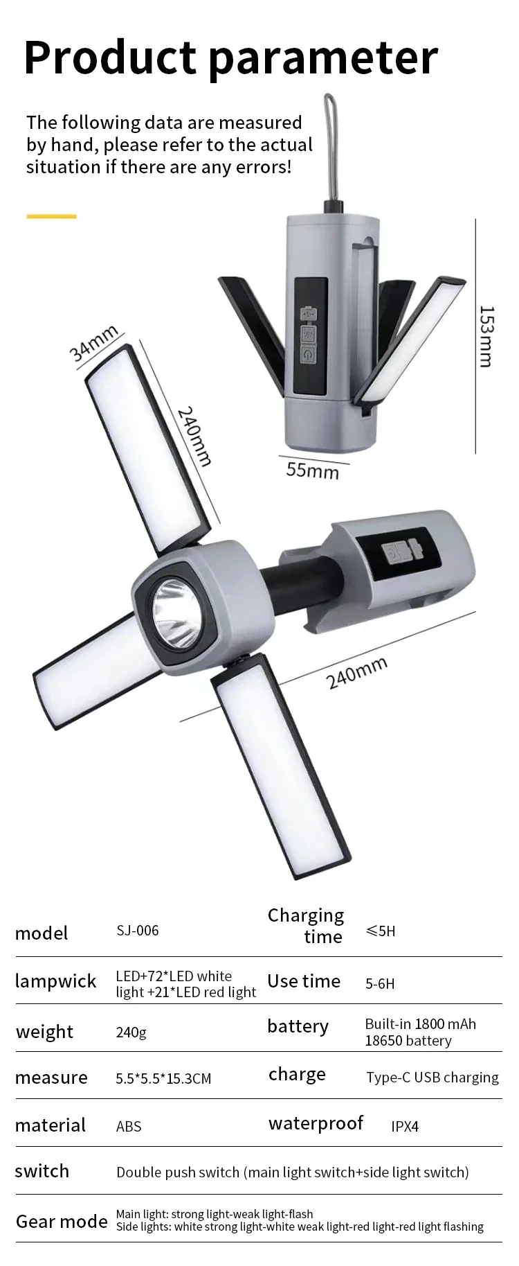 Lampe de camping, vue détaillée du design