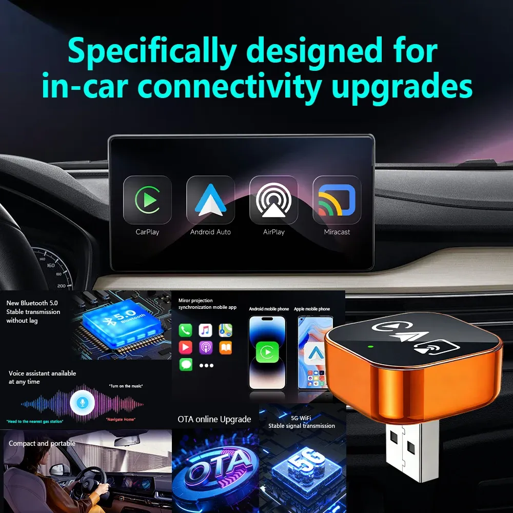 Adaptateur CarPlay Sans Fil 4-en-1 2026 : Compatible Android Auto, Mirror Link et Connexion WiFi Automatique 4