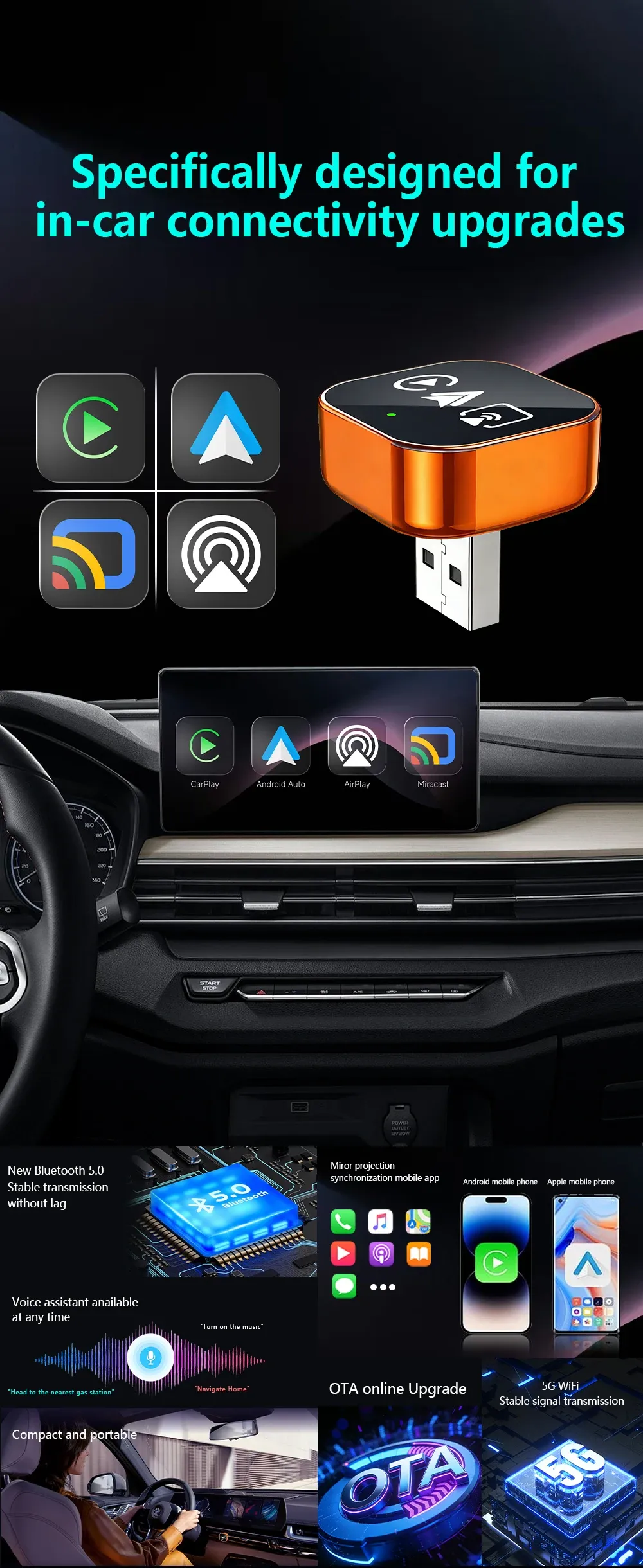 Adaptateur CarPlay sans fil 4-en-1 en situation dans l'habitacle