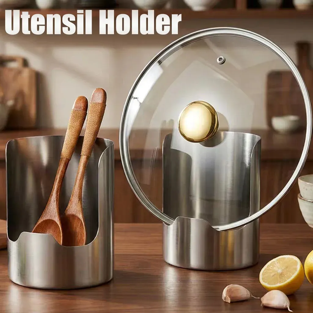 Support 2-en-1 en acier inoxydable pour couvercles et ustensiles de cuisine, organisateur polyvalent pour cuillères, louches et ustensiles de découpe - Image 1