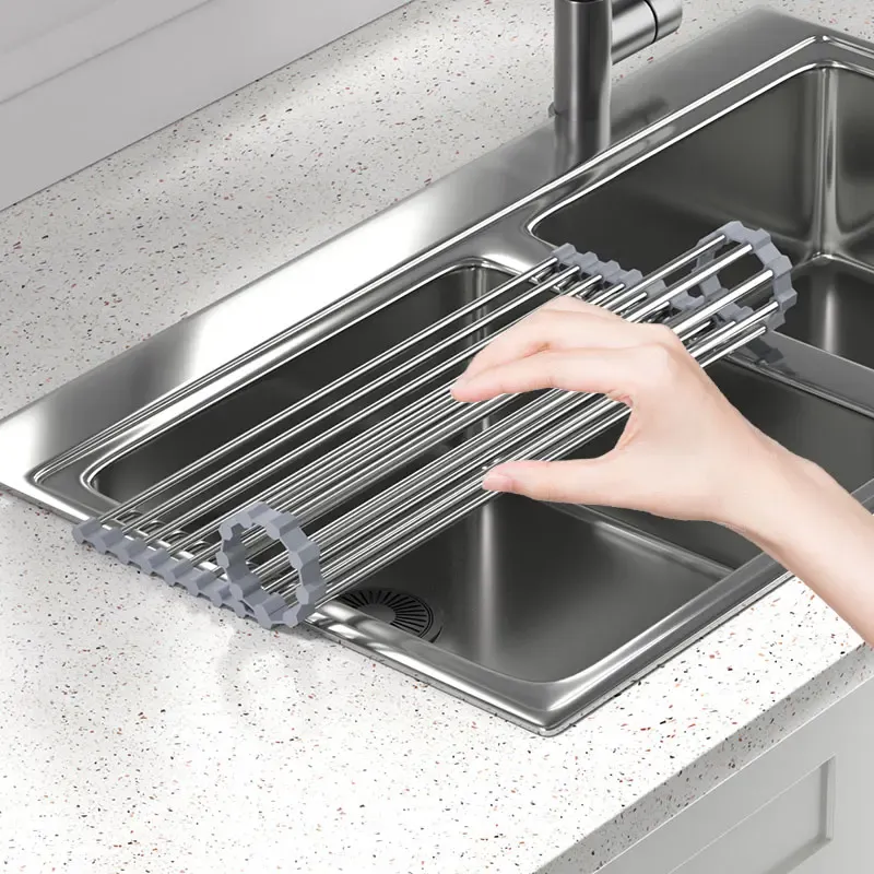 Organisateur de comptoir invisible pour éviers, extensible et instantané, idéal pour laver les légumes et égoutter les ustensiles 2