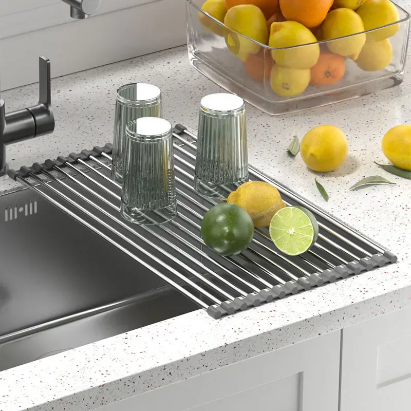 Organisateur de comptoir invisible pour éviers, extensible et instantané, idéal pour laver les légumes et égoutter les ustensiles 5