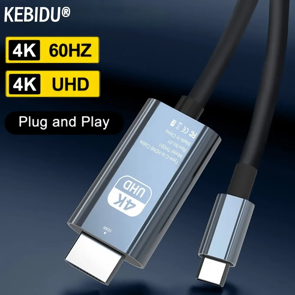 Adaptateur USB-C vers HDMI 4K 60Hz, câble convertisseur HDTV pour iPhone 16, MacBook Air, iPad, Samsung Galaxy Book et ordinateur portable