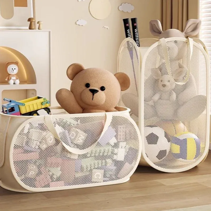 Panier de rangement pliable en maille pour jouets, grand panier à linge respirant avec poignées, modèles vertical et horizontal, pour enfants 2