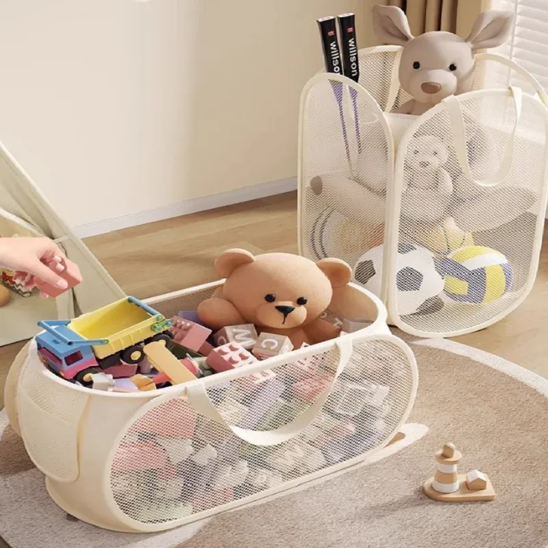 Panier de rangement pliable en maille pour jouets, grand panier à linge respirant avec poignées, modèles vertical et horizontal, pour enfants 3