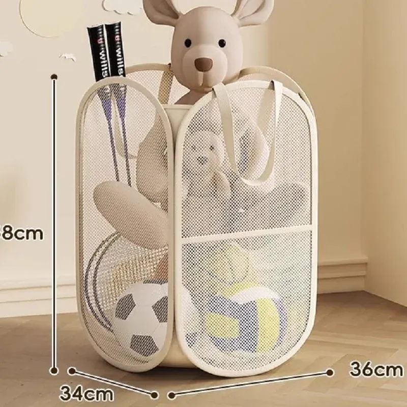 Panier de rangement pliable en maille pour jouets, grand panier à linge respirant avec poignées, modèles vertical et horizontal, pour enfants 5
