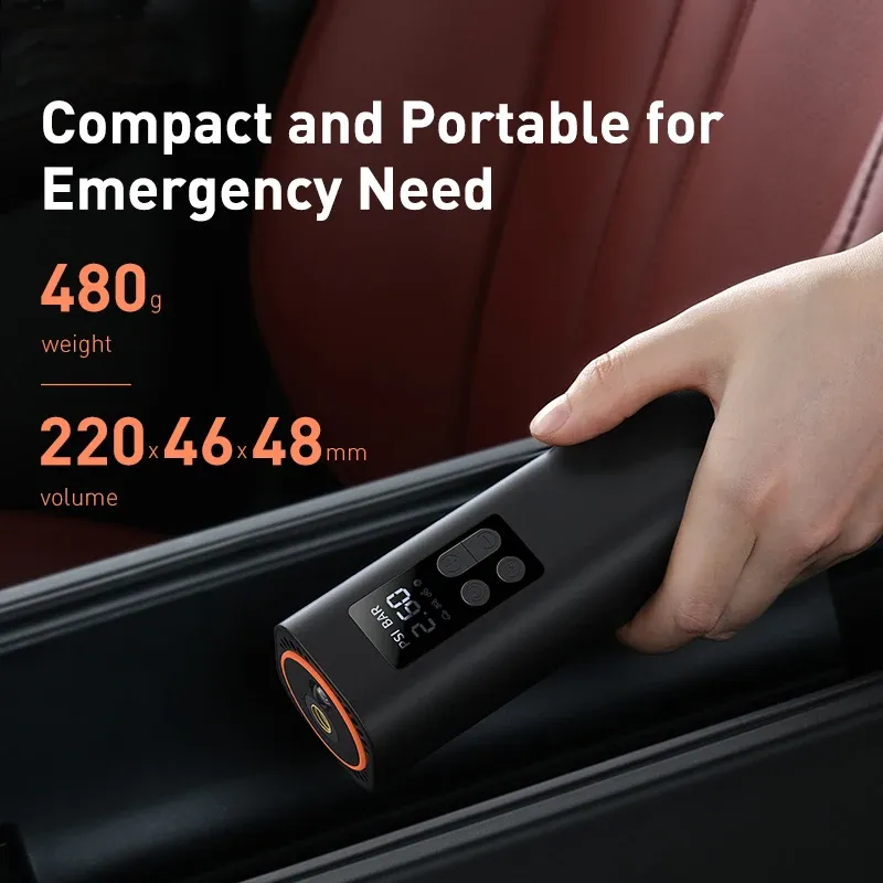 Baseus Mini Compresseur d'Air Portable 12V 150 PSI pour Voiture, Gonfleur de Pneus Numérique Intelligent pour Voiture, Vélo et Bateau 4