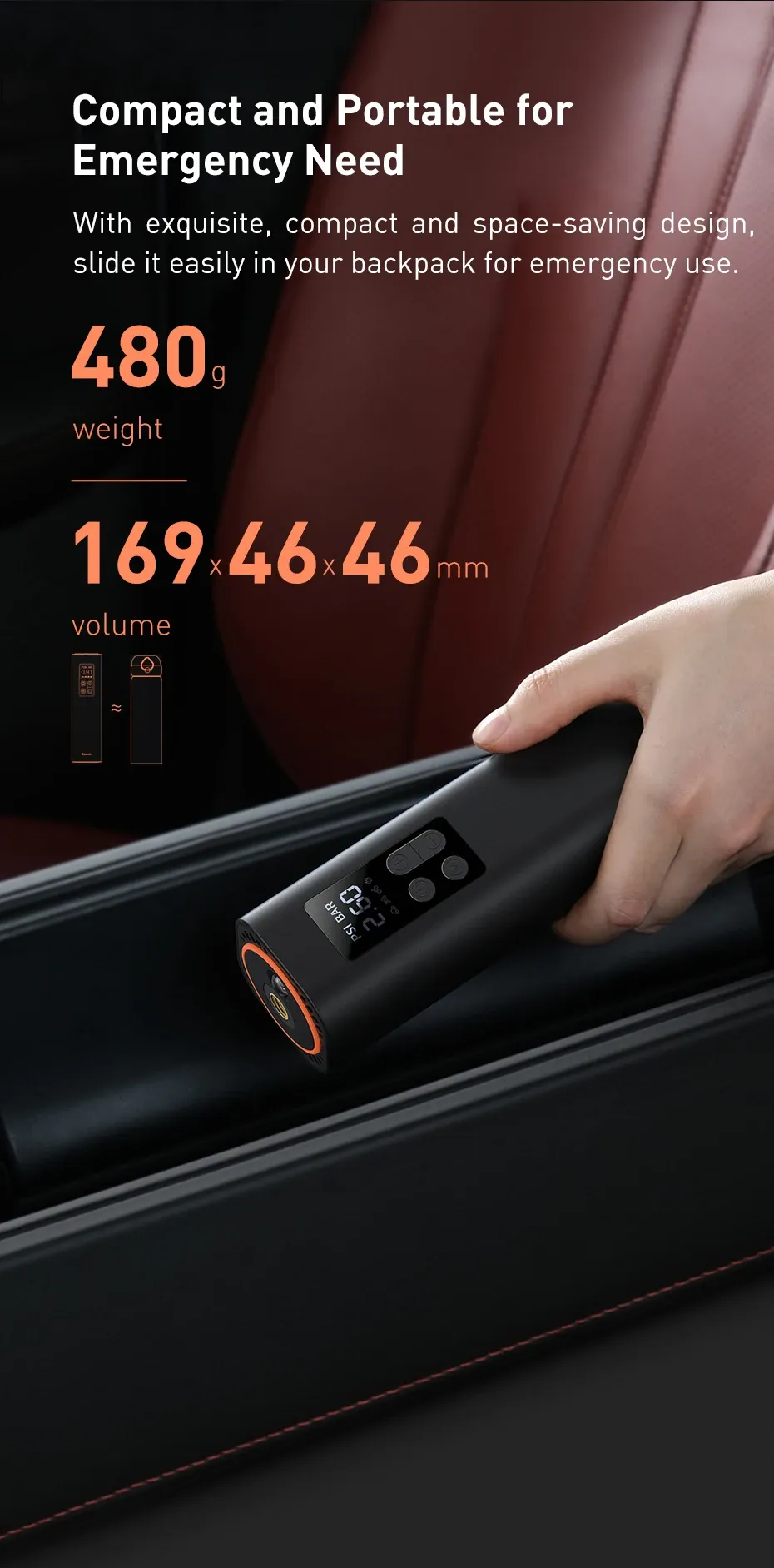 Compresseur Baseus compact dans un sac à dos