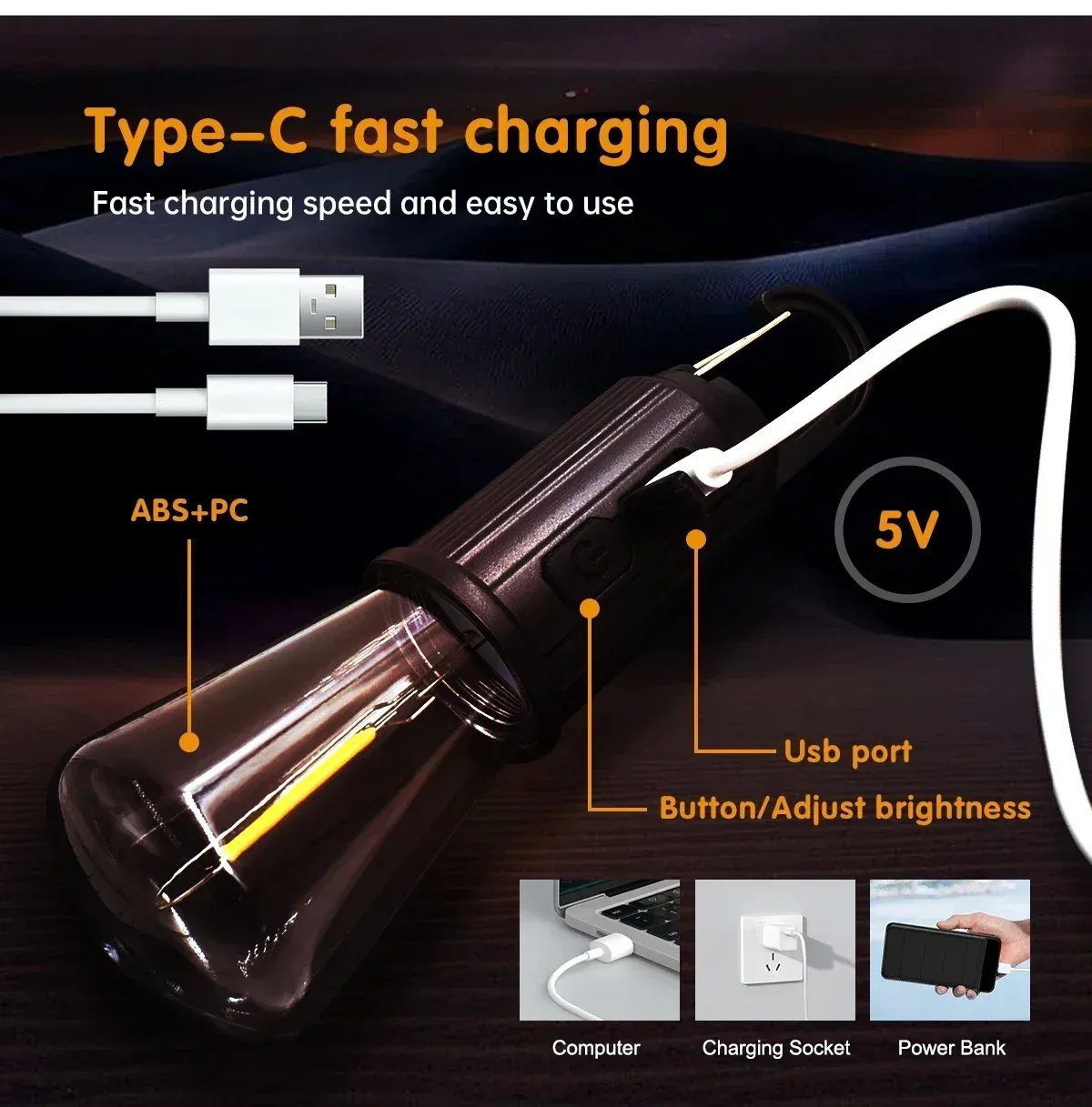 Lanterne LED rechargeable par USB pour camping et pêche, éclairage d'urgence haute luminosité 4