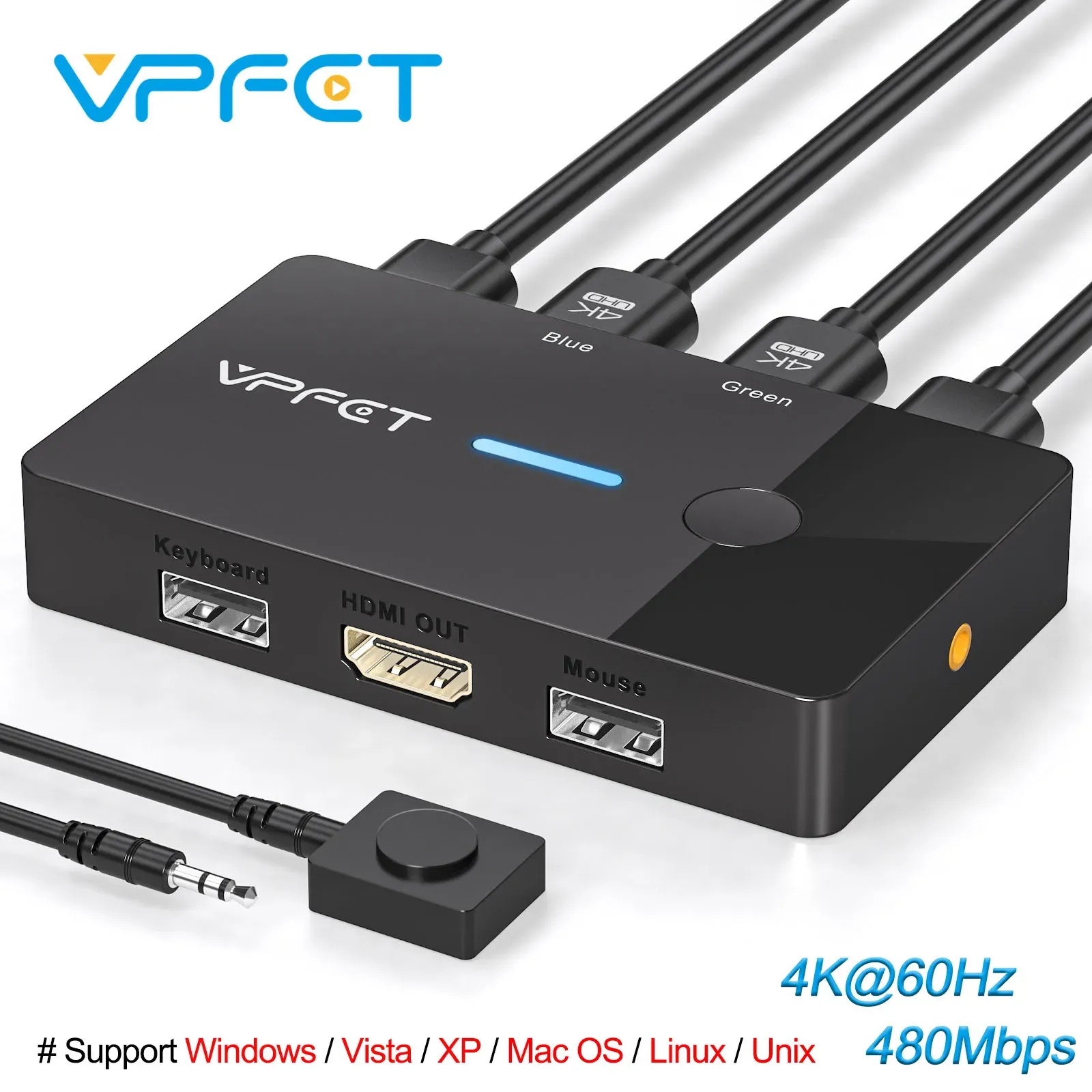 Commutateur KVM HDMI 4K 60 Hz, 1 écran, 2 ordinateurs, partage clavier et souris, hub USB, compatible Windows, Mac et Linux, sans alimentation externe 1