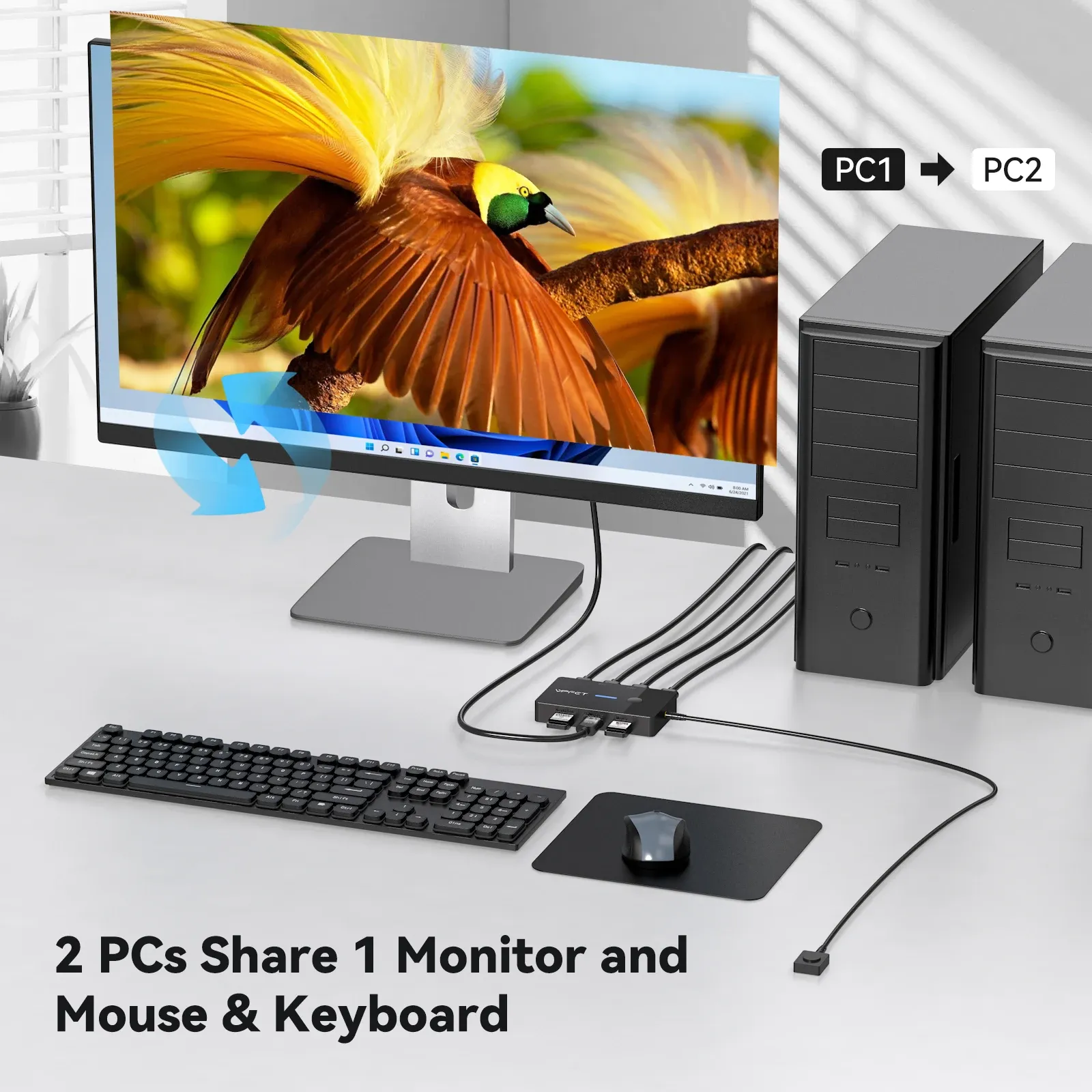 Commutateur KVM HDMI 4K 60 Hz, 1 écran, 2 ordinateurs, partage clavier et souris, hub USB, compatible Windows, Mac et Linux, sans alimentation externe 3