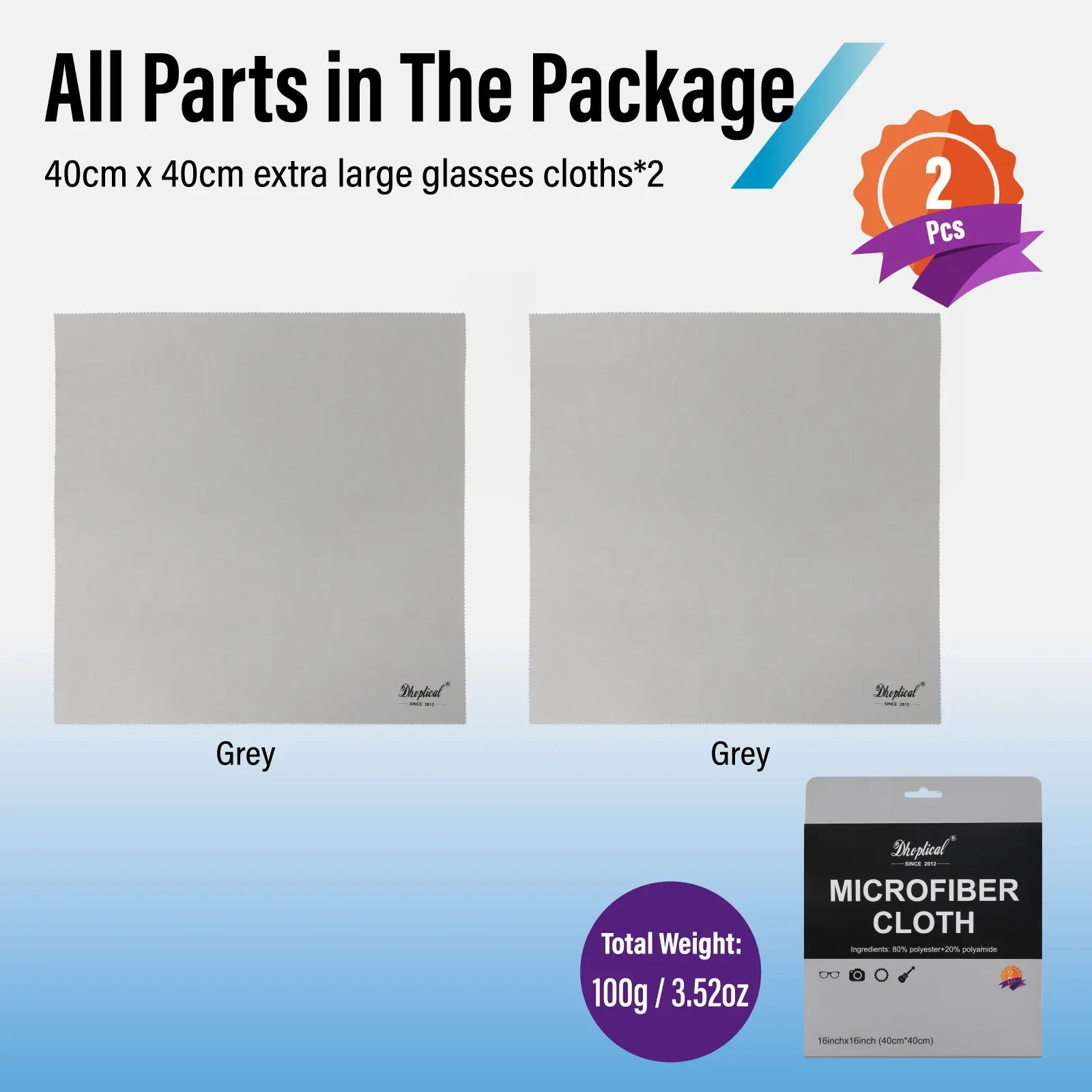 Chiffon de nettoyage en microfibre extra large, lot de 2, 40 × 40 cm, pour lunettes, bijoux et écrans électroniques, lavable, noir/gris 2