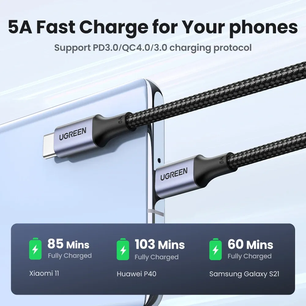 Câble USB Type-C vers USB-C 100 W UGREEN, charge rapide 5 A avec puce e-marker, compatible iPhone 17, iPhone 16, MacBook, iPad, Samsung et Poco 4
