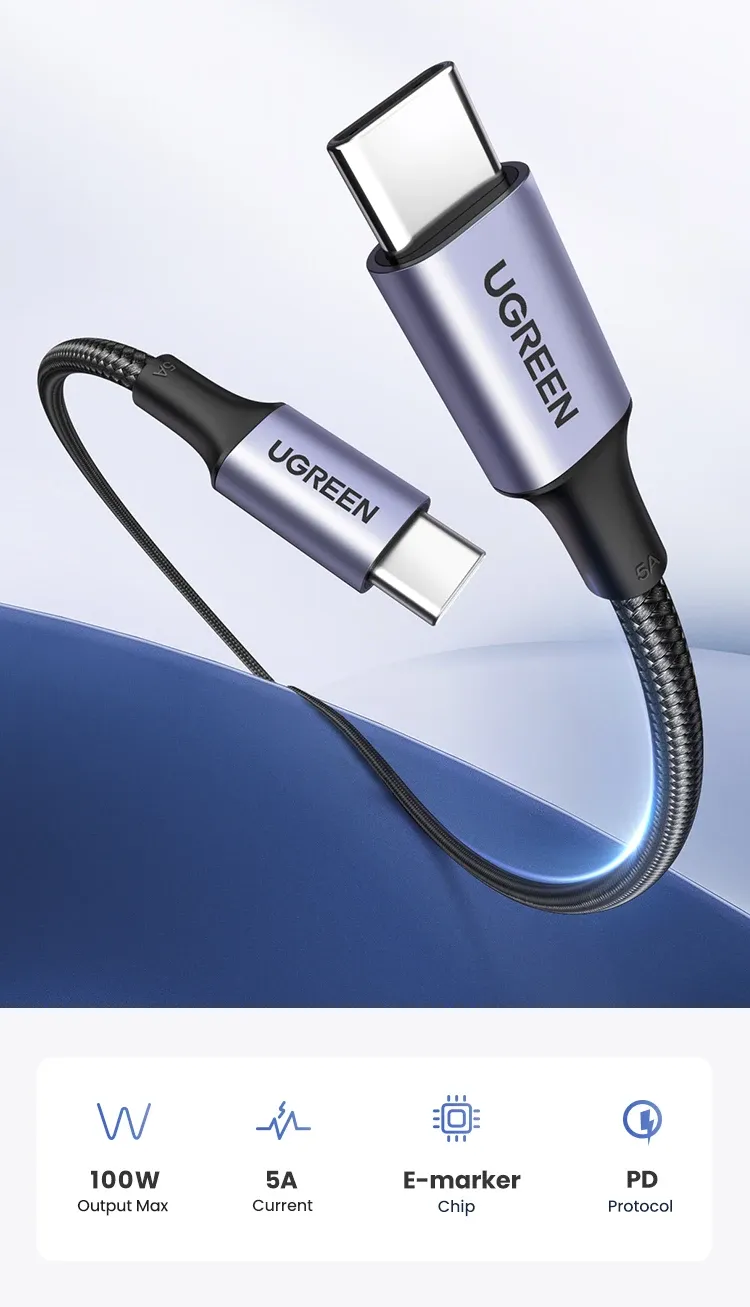 Câble UGREEN USB-C 100 W, vue d'ensemble