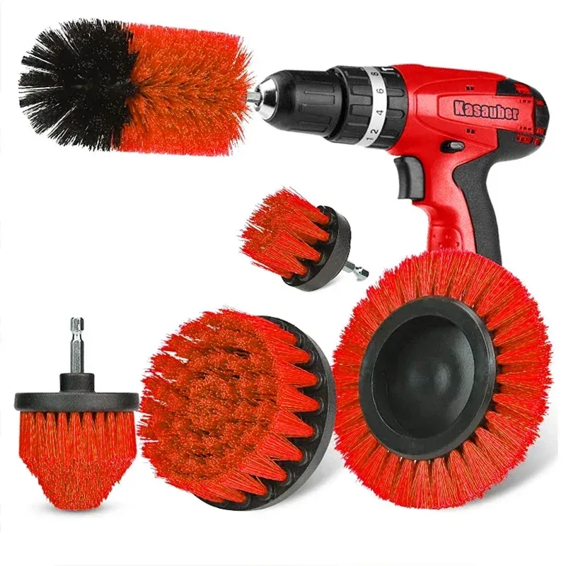 Kit de brosses rondes en nylon rouge pour perceuse, adaptées aux tapis, vitres et pneus (lot de 3 ou 5 pièces)