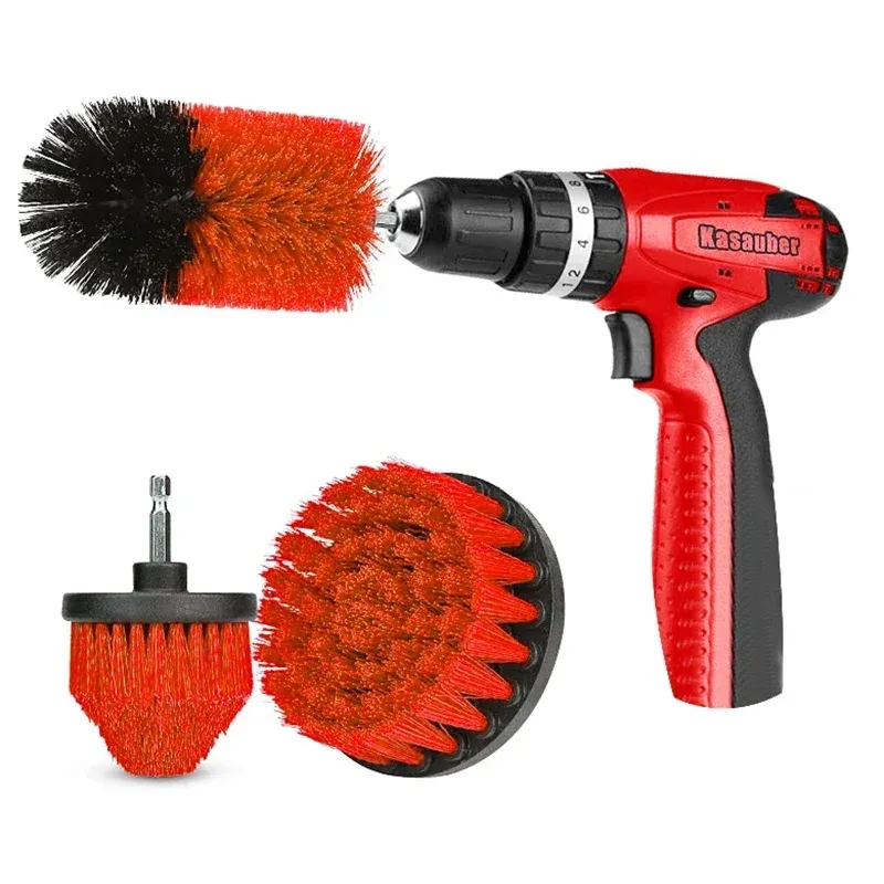Kit de brosses rondes en nylon rouge pour perceuse, adaptées aux tapis, vitres et pneus (lot de 3 ou 5 pièces) 3