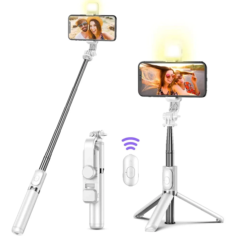 Perche à selfie Bluetooth sans fil avec trépied portable pliable, lumière de remplissage intégrée et télécommande pour smartphone Android et iPhone