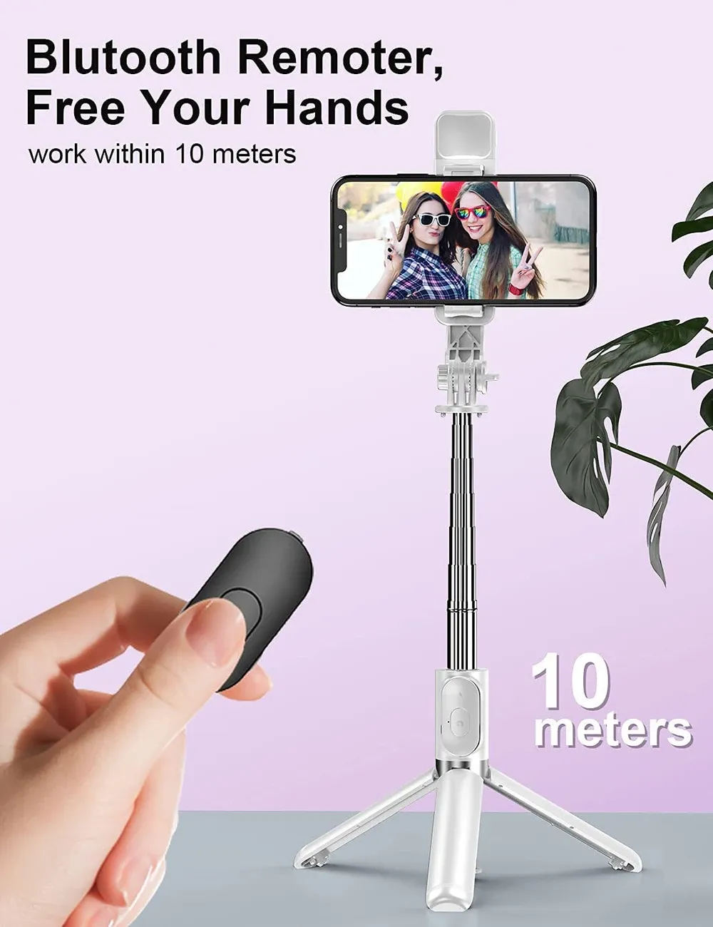 Perche à selfie Bluetooth sans fil avec trépied portable pliable, lumière de remplissage intégrée et télécommande pour smartphone Android et iPhone 5
