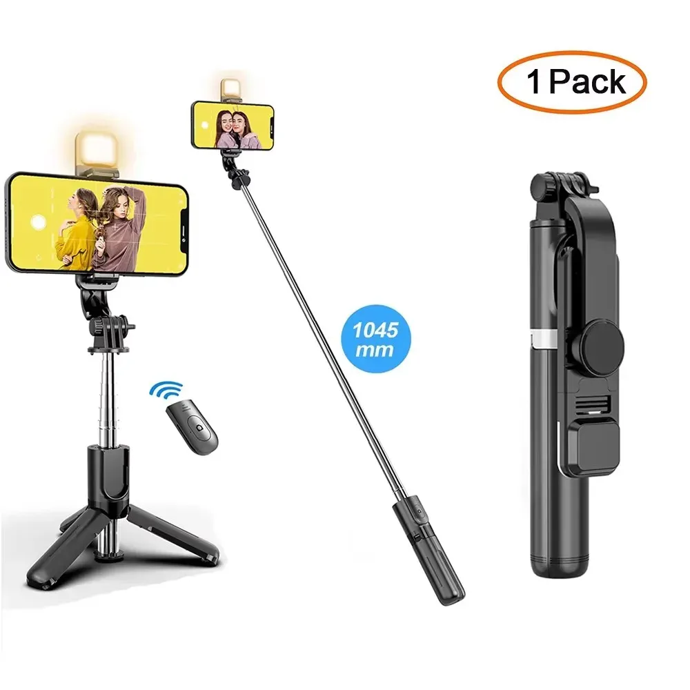 Perche à selfie Bluetooth sans fil avec trépied portable pliable, lumière de remplissage intégrée et télécommande pour smartphone Android et iPhone 7