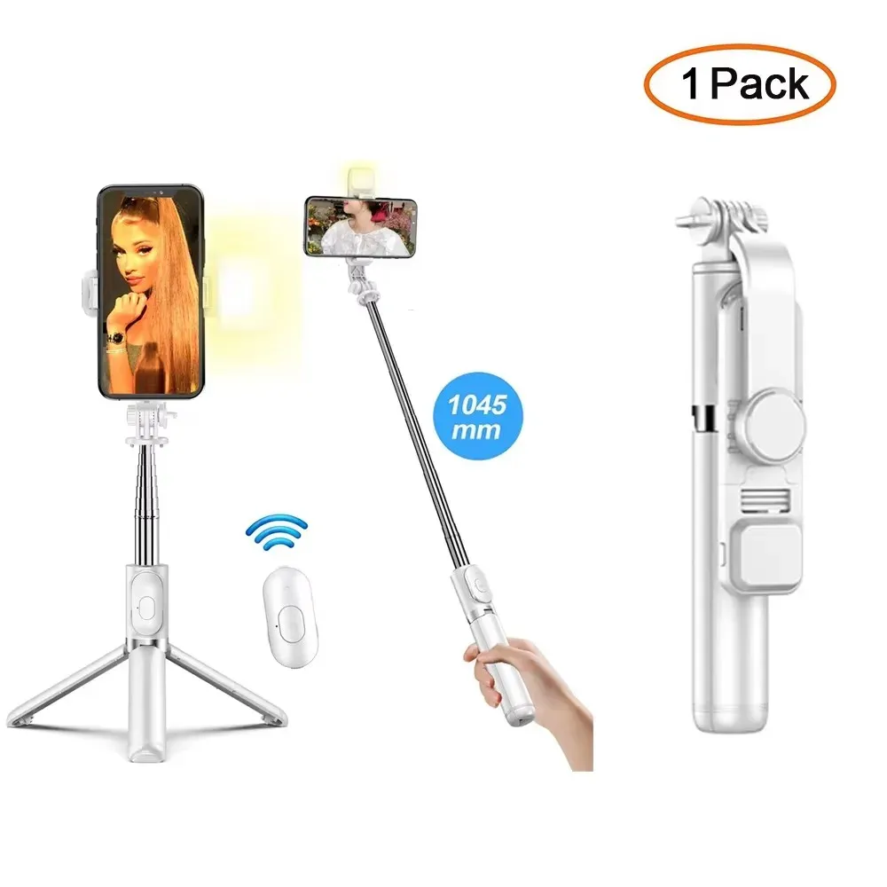 Perche à selfie Bluetooth sans fil avec trépied portable pliable, lumière de remplissage intégrée et télécommande pour smartphone Android et iPhone 8